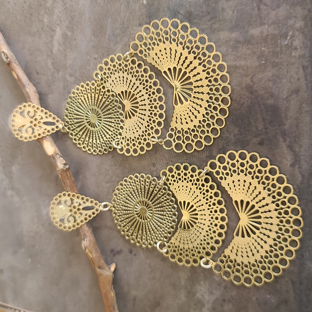 MOROCCO Gold Filigree Disc Earrings Long Boho Statement Festival Dangle Discs - Picture 4 of 9